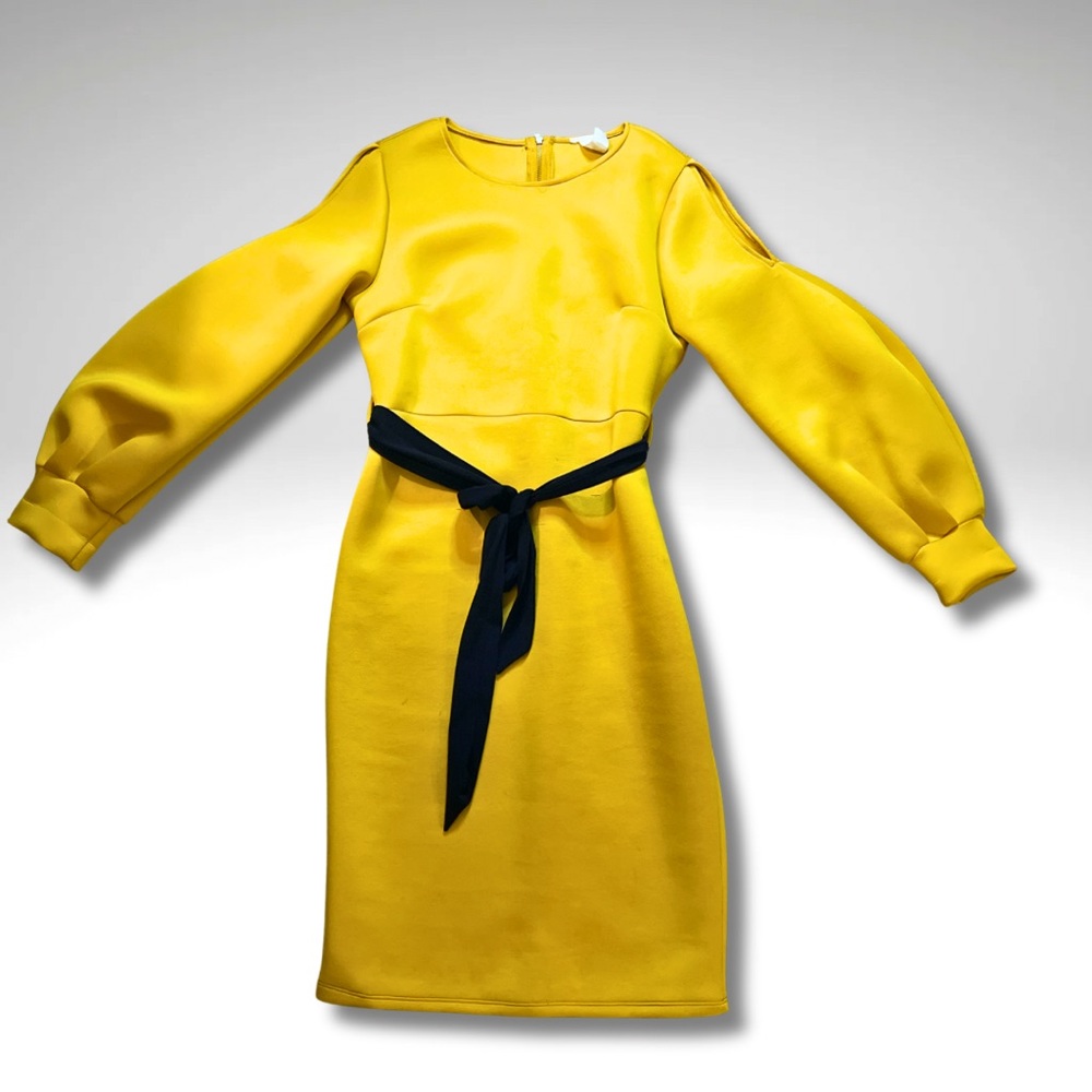 Bright Yellow Long Sleeve Dress with black Waist Tie